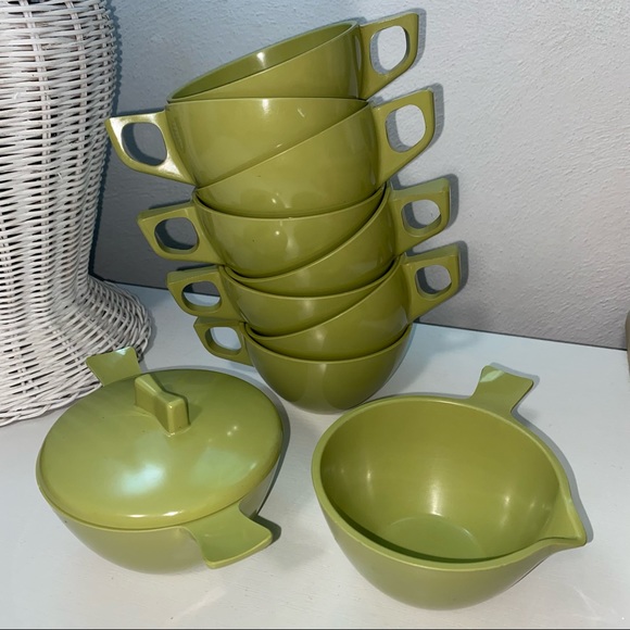 Vtg 10pc Melmac Avocado Green Tea Set